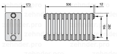 Схема (чертеж) Радиатор Zehnder Charleston 5026/11 №7610 Белый глянцевый RAL 9016